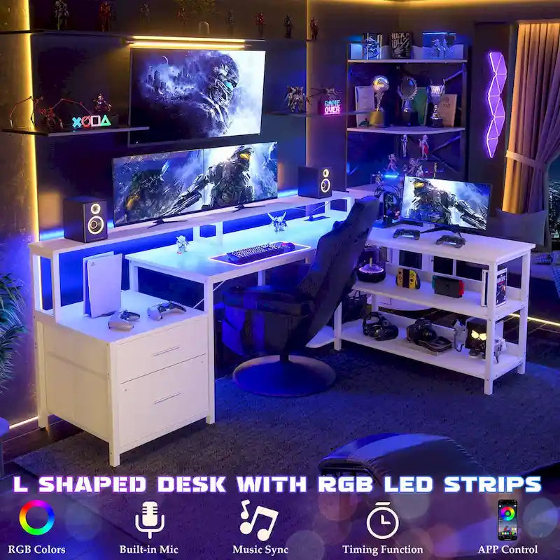 Bureau d'ordinateur réversible en forme de L avec tiroir à dossiers, support pour écran long, station de charge et bandes LED RGB