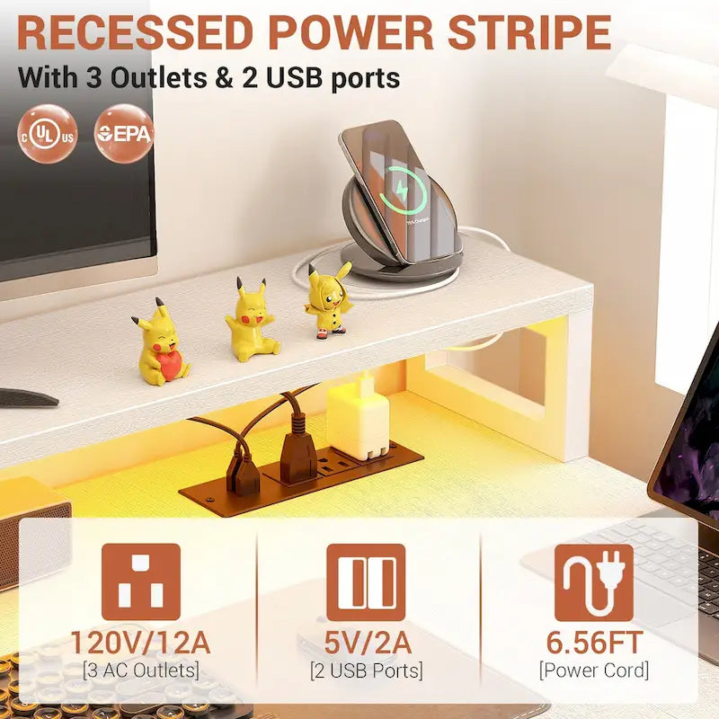 Bureau d'ordinateur réversible en forme de L avec tiroir à dossiers, support pour écran long, station de charge et bandes LED RGB