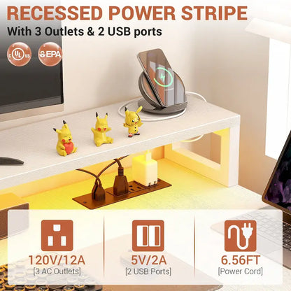 Bureau d'ordinateur réversible en forme de L avec tiroir à dossiers, support pour écran long, station de charge et bandes LED RGB