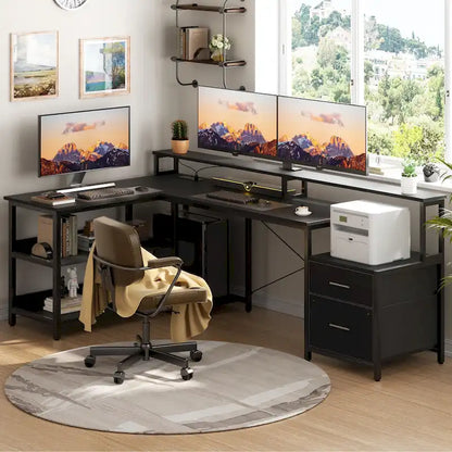 Bureau d'ordinateur réversible en forme de L avec tiroir à dossiers, support pour écran long, station de charge et bandes LED RGB