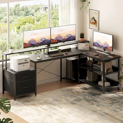 Bureau d'ordinateur réversible en forme de L avec tiroir à dossiers, support pour écran long, station de charge et bandes LED RGB