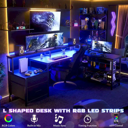 Bureau d'ordinateur réversible en forme de L avec tiroir à dossiers, support pour écran long, station de charge et bandes LED RGB