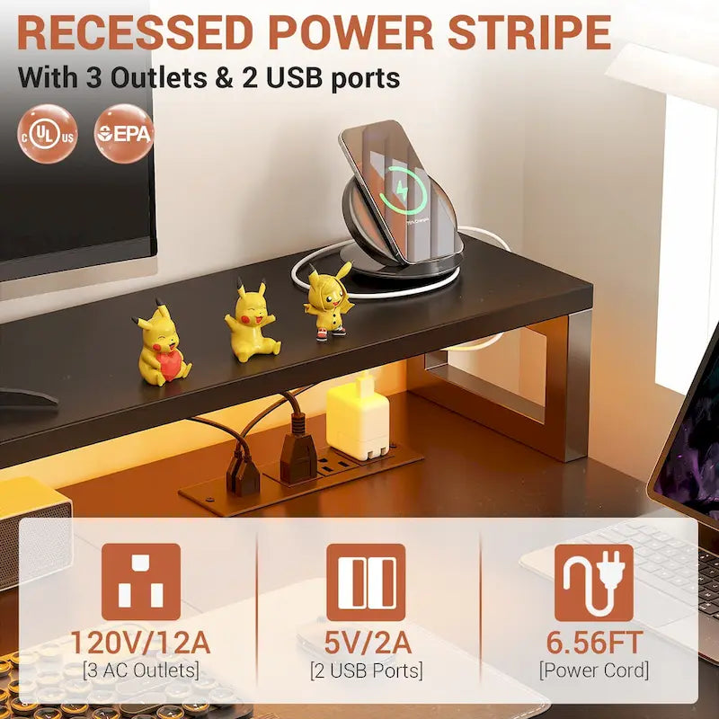 Bureau d'ordinateur réversible en forme de L avec tiroir à dossiers, support pour écran long, station de charge et bandes LED RGB