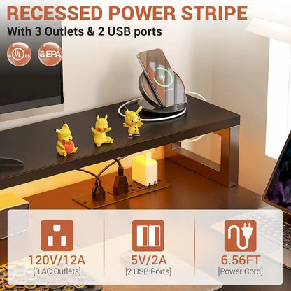 Bureau d'ordinateur réversible en forme de L avec tiroir à dossiers, support pour écran long, station de charge et bandes LED RGB