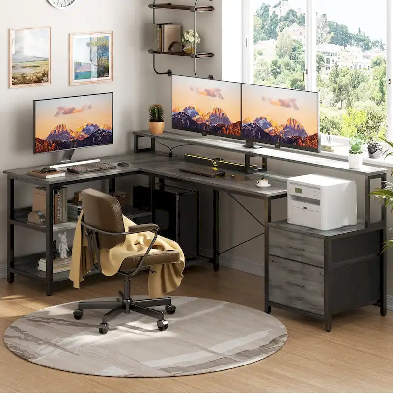 Bureau d'ordinateur réversible en forme de L avec tiroir à dossiers, support pour écran long, station de charge et bandes LED RGB