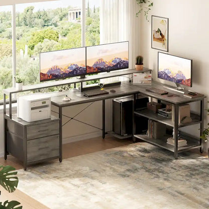 Bureau d'ordinateur réversible en forme de L avec tiroir à dossiers, support pour écran long, station de charge et bandes LED RGB