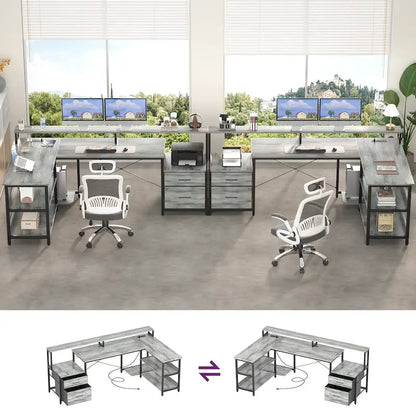 Bureau d'ordinateur réversible en forme de L avec tiroir à dossiers, support pour écran long, station de charge et bandes LED RGB