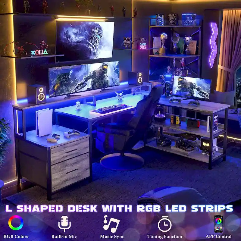 Bureau d'ordinateur réversible en forme de L avec tiroir à dossiers, support pour écran long, station de charge et bandes LED RGB