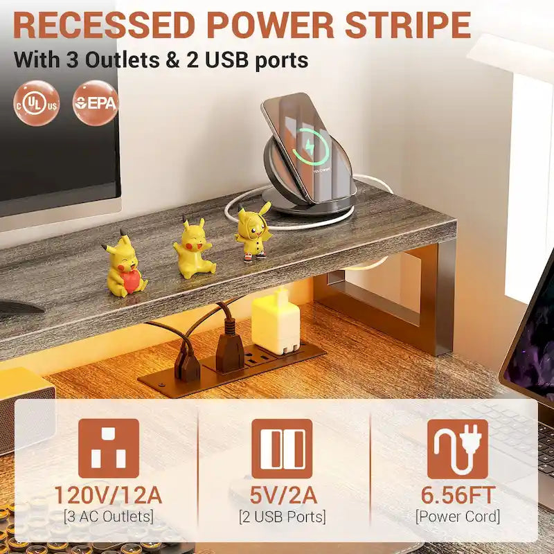 Bureau d'ordinateur réversible en forme de L avec tiroir à dossiers, support pour écran long, station de charge et bandes LED RGB