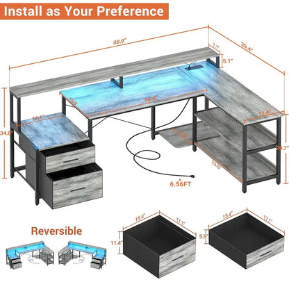 Bureau d'ordinateur réversible en forme de L avec tiroir à dossiers, support pour écran long, station de charge et bandes LED RGB