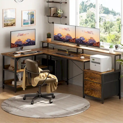 Bureau d'ordinateur réversible en forme de L avec tiroir à dossiers, support pour écran long, station de charge et bandes LED RGB