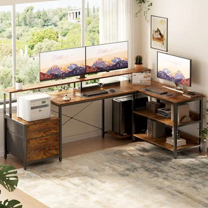 Bureau d'ordinateur réversible en forme de L avec tiroir à dossiers, support pour écran long, station de charge et bandes LED RGB