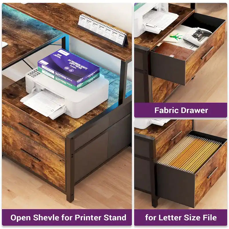 Bureau d'ordinateur réversible en forme de L avec tiroir à dossiers, support pour écran long, station de charge et bandes LED RGB