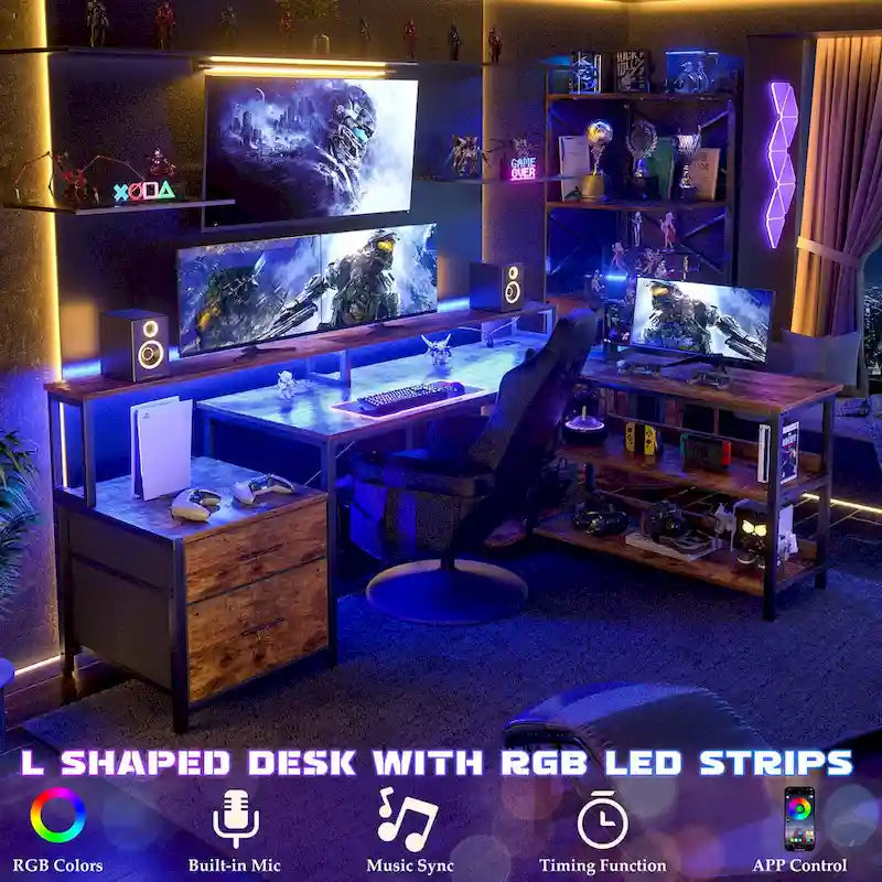 Bureau d'ordinateur réversible en forme de L avec tiroir à dossiers, support pour écran long, station de charge et bandes LED RGB