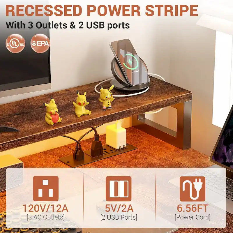 Bureau d'ordinateur réversible en forme de L avec tiroir à dossiers, support pour écran long, station de charge et bandes LED RGB