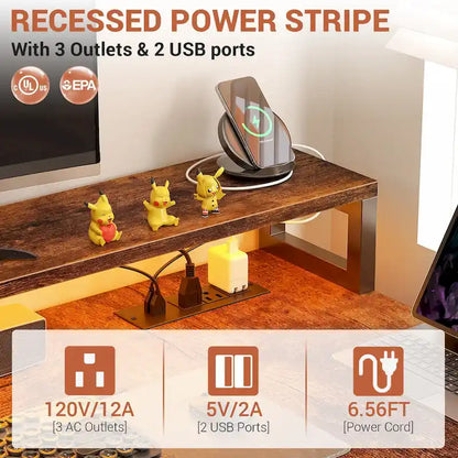 Bureau d'ordinateur réversible en forme de L avec tiroir à dossiers, support pour écran long, station de charge et bandes LED RGB