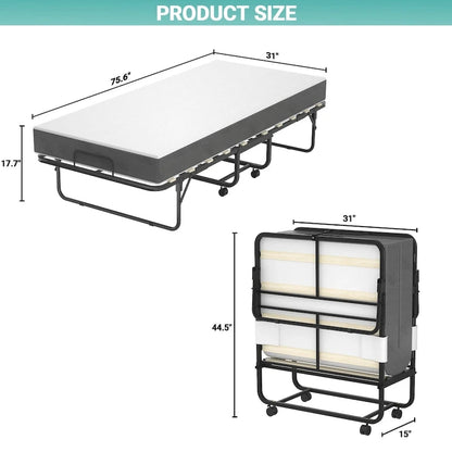 Lit pliant avec matelas en mousse à mémoire de forme de 12,5 cm, petit lit simple d'appoint avec roulettes