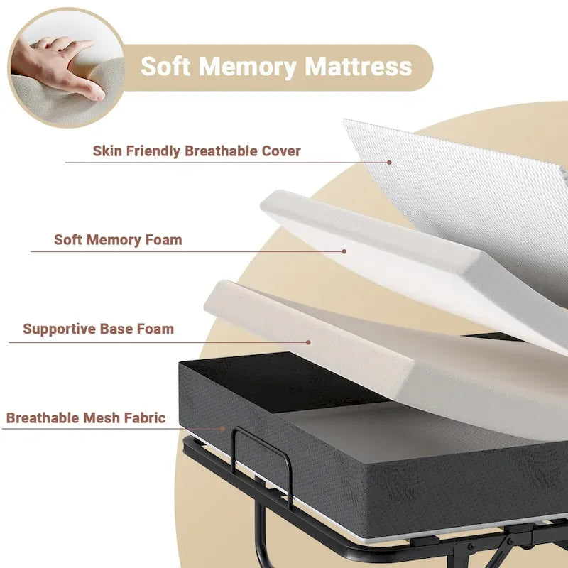 Lit pliant avec matelas en mousse à mémoire de forme de 12,5 cm, petit lit simple d'appoint avec roulettes