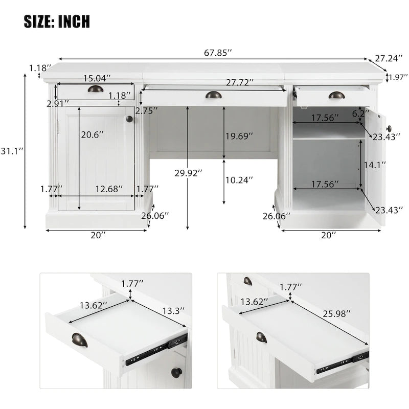 Bureau de direction moderne, bureau d'ordinateur avec 2 armoires de rangement et 3 tiroirs