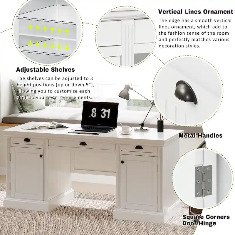 Bureau de direction moderne, bureau d'ordinateur avec 2 armoires de rangement et 3 tiroirs