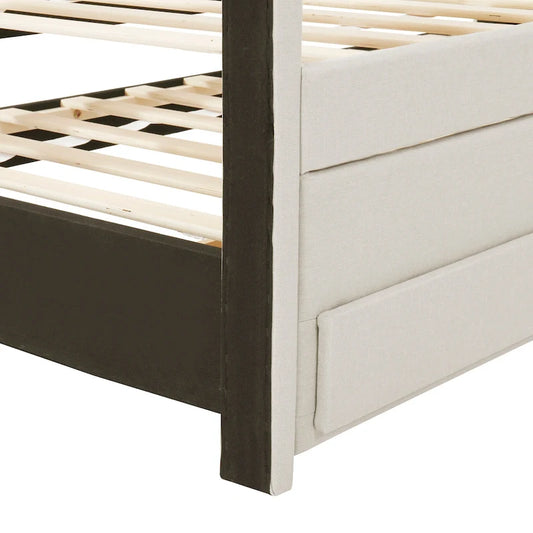 Linen Fabric Upholstered Platform Bed with Stripe Headboard & Footboard, Pull-out Trundle Bed & 3 Drawers, Wood Panel Bed