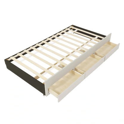 Lit plateforme rembourré en lin avec tête et pied de lit à rayures, lit gigogne et 3 tiroirs, lit à panneaux de bois