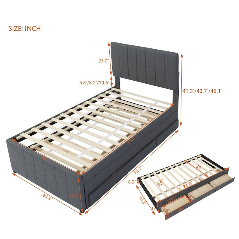 Lit plateforme rembourré en lin avec tête et pied de lit à rayures, lit gigogne et 3 tiroirs, lit à panneaux de bois