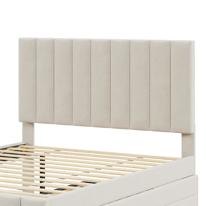 Lit plateforme rembourré en lin avec tête et pied de lit à rayures, lit gigogne et 3 tiroirs, lit à panneaux de bois