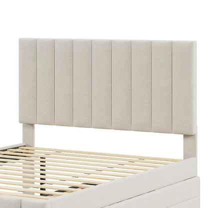 Lit plateforme rembourré en lin avec tête et pied de lit à rayures, lit gigogne et 3 tiroirs, lit à panneaux de bois