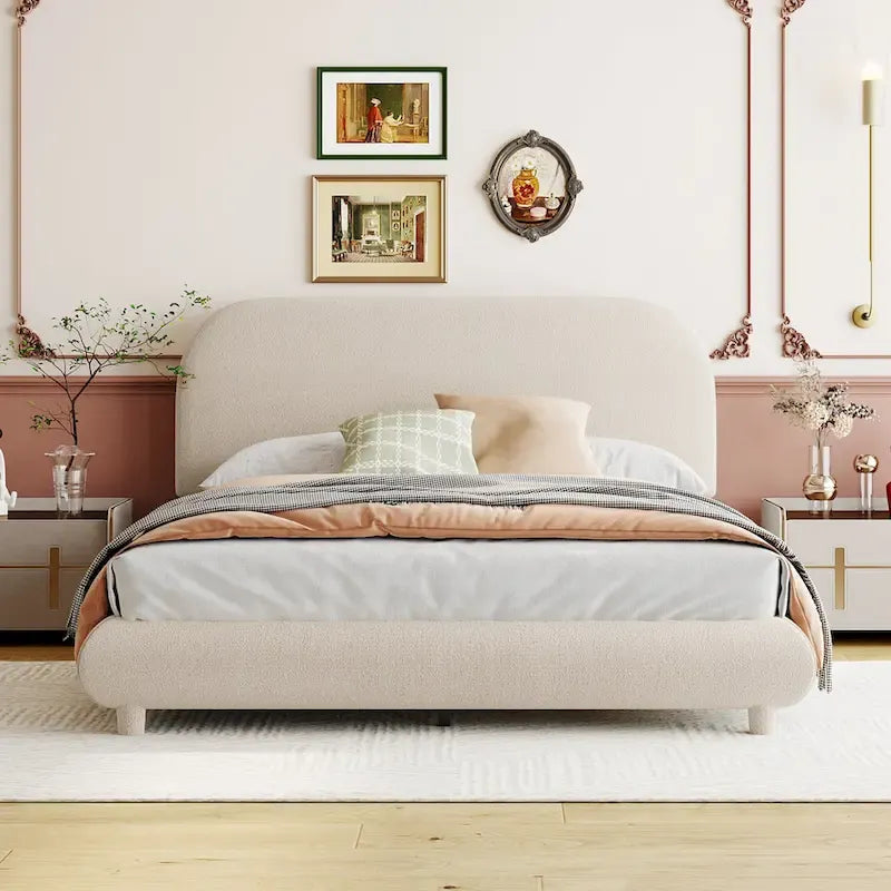 Curve Shaped Headboard Bed Frame, Teddy Fleece Upholstered Platform Bed with Thick Fabric, Wood Low Profile Bed Panel Bed