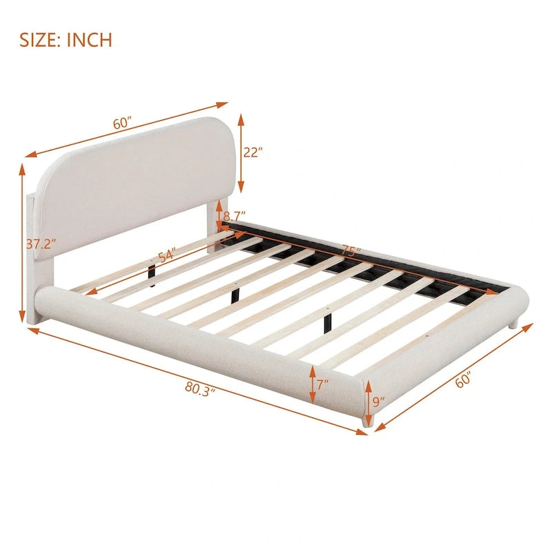 Cadre de lit avec tête de lit incurvée, lit plateforme recouvert de polaire épaisse, lit à panneaux bas en bois