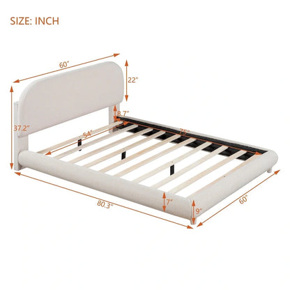 Cadre de lit avec tête de lit incurvée, lit plateforme recouvert de polaire épaisse, lit à panneaux bas en bois