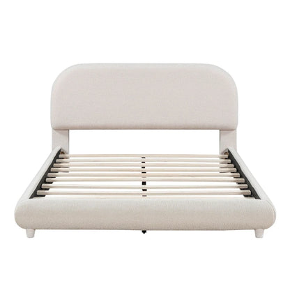 Cadre de lit avec tête de lit incurvée, lit plateforme recouvert de polaire épaisse, lit à panneaux bas en bois