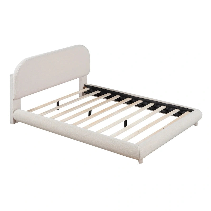 Cadre de lit avec tête de lit incurvée, lit plateforme recouvert de polaire épaisse, lit à panneaux bas en bois