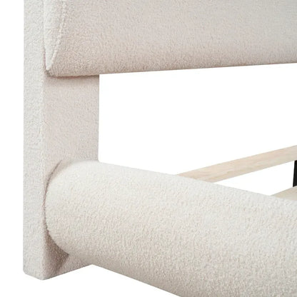 Cadre de lit avec tête de lit incurvée, lit plateforme recouvert de polaire épaisse, lit à panneaux bas en bois