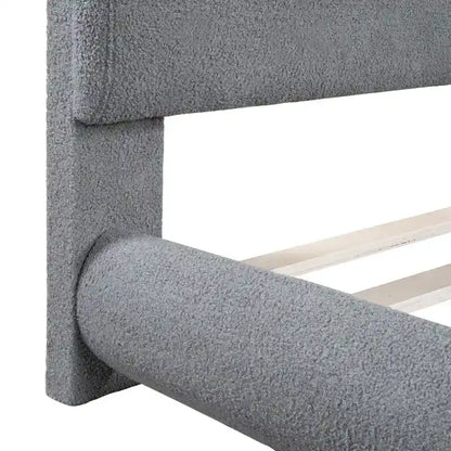 Cadre de lit avec tête de lit incurvée, lit plateforme recouvert de polaire épaisse, lit à panneaux bas en bois