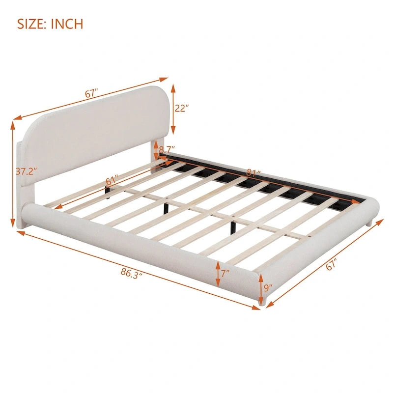 Cadre de lit avec tête de lit incurvée, lit plateforme recouvert de polaire épaisse, lit à panneaux bas en bois