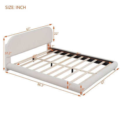 Cadre de lit avec tête de lit incurvée, lit plateforme recouvert de polaire épaisse, lit à panneaux bas en bois