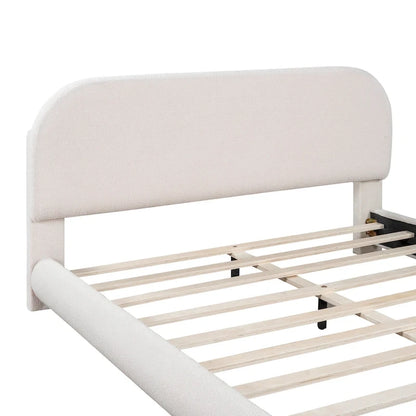 Cadre de lit avec tête de lit incurvée, lit plateforme recouvert de polaire épaisse, lit à panneaux bas en bois