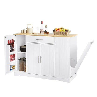 Îlot de rangement de cuisine de 53 pouces avec tiroirs et poubelle intégrée. Design moderne de style ferme pour la cuisine et la salle à manger.