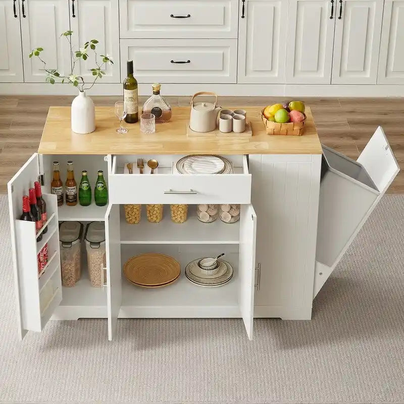 Îlot de rangement de cuisine de 53 pouces avec tiroirs et poubelle intégrée. Design moderne de style ferme pour la cuisine et la salle à manger.