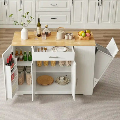 Îlot de rangement de cuisine de 53 pouces avec tiroirs et poubelle intégrée. Design moderne de style ferme pour la cuisine et la salle à manger.