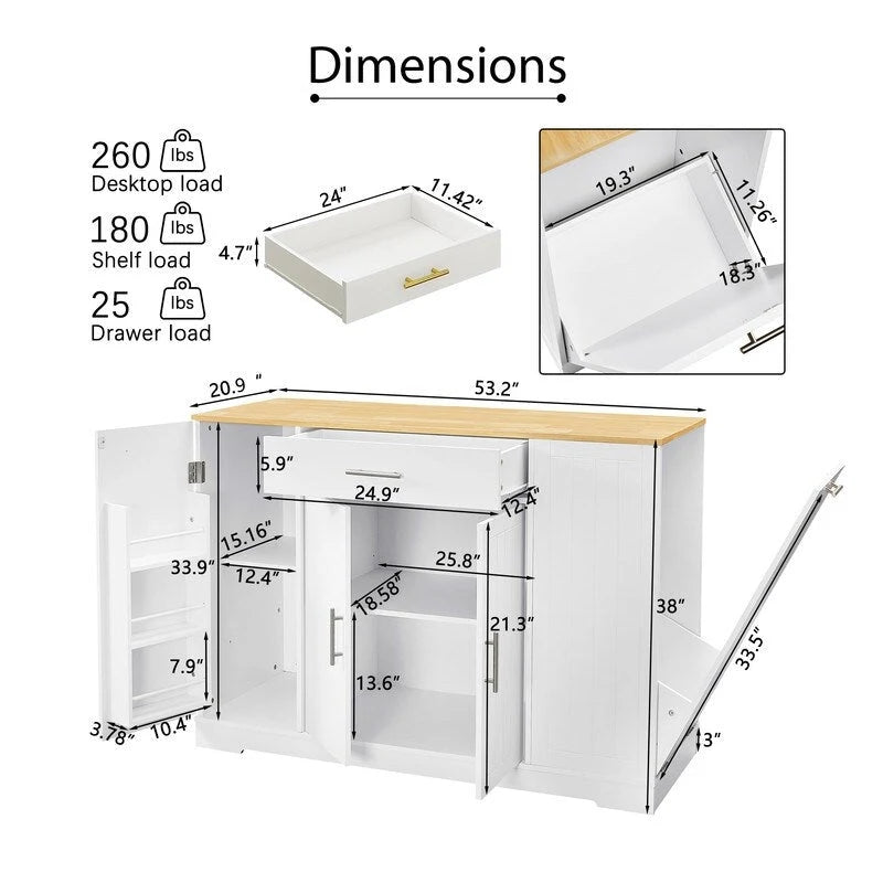 Îlot de rangement de cuisine de 53 pouces avec tiroirs et poubelle intégrée. Design moderne de style ferme pour la cuisine et la salle à manger.