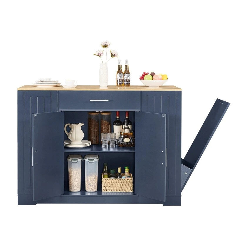 Îlot de rangement de cuisine de 53 pouces avec tiroirs et poubelle intégrée. Design moderne de style ferme pour la cuisine et la salle à manger.