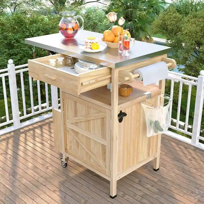 Chariot de cuisine roulant pour barbecue extérieur 40,5 pouces avec plateau en acier inoxydable, abattant, un tiroir, porte-serviettes et roues verrouillables.