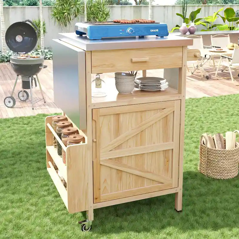 Chariot de cuisine roulant pour barbecue extérieur 40,5 pouces avec plateau en acier inoxydable, abattant, un tiroir, porte-serviettes et roues verrouillables.