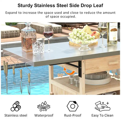 Chariot de cuisine roulant pour barbecue extérieur 40,5 pouces avec plateau en acier inoxydable, abattant, un tiroir, porte-serviettes et roues verrouillables.