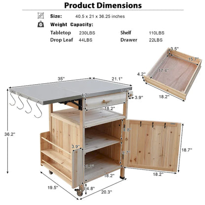 Chariot de cuisine roulant pour barbecue extérieur 40,5 pouces avec plateau en acier inoxydable, abattant, un tiroir, porte-serviettes et roues verrouillables.
