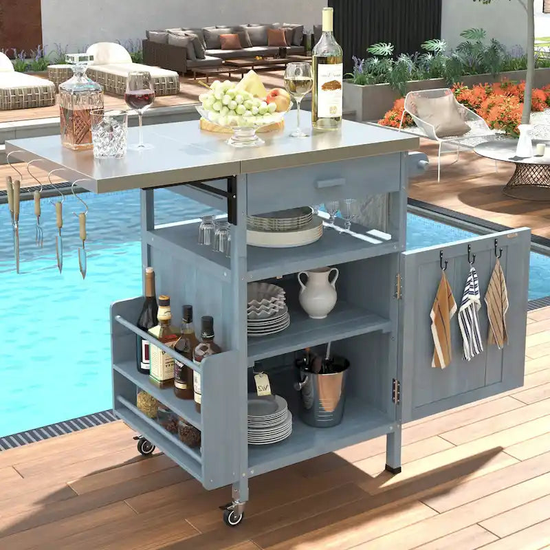 Chariot de cuisine roulant pour barbecue extérieur 40,5 pouces avec plateau en acier inoxydable, abattant, un tiroir, porte-serviettes et roues verrouillables.