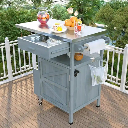 Chariot de cuisine roulant pour barbecue extérieur 40,5 pouces avec plateau en acier inoxydable, abattant, un tiroir, porte-serviettes et roues verrouillables.